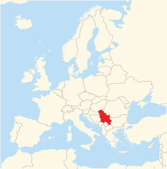 Location Map of the country Serbia in Europe. The country is highlighted with a red polygon. No labels at all.