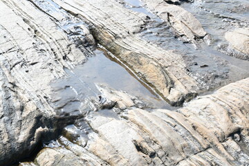 Water has collected on the rock's surface. The rock is a brown color and smooth. In hilly areas, during monsoon season, rain water gets collected in these rocks. Small water pond on top of the rock.