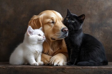 Naklejka premium Adorable Golden Retriever with a White Kitten and Black Cat Captured in a Charming Studio Setting, Showcasing a Heartwarming Animal Bond