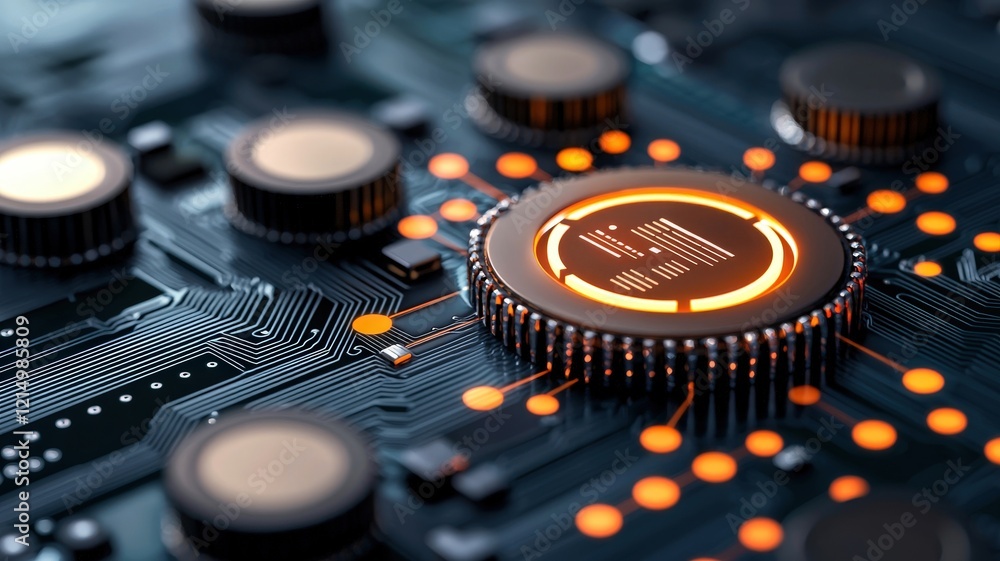 Poster a close-up view of a circuit board with a glowing processor, featuring intricate details and vibrant