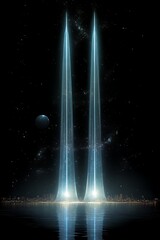 Futuristic twin beams of light over water at night.