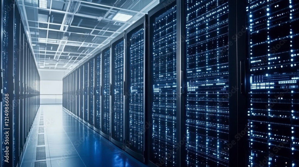 Poster modern data center server room with high performance computing technology
