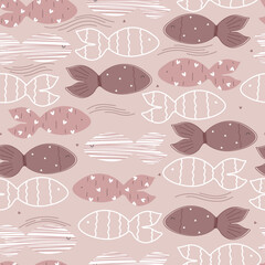 Hand drawn fishes with hearts on pink background. Cute vector illustration for Valentine's Day.