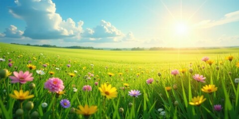 Fototapeta premium Vibrant Wildflower Meadow Basking in Golden Sunlight, a Serene Pastoral Scene of Blossoming Beauty