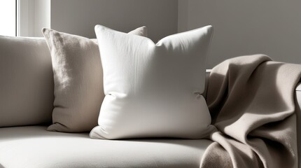 Cozy sofa with cushions and throw blanket.