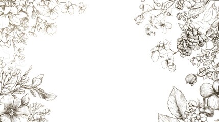 Elegant Floral Border Design with Hand-Drawn Elements in Monochrome