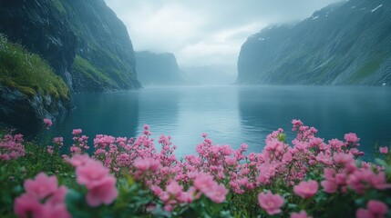 Serene fjord landscape with pink flowers and misty mountains in the background