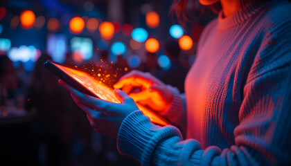 Hand Touching Tablet with Red Screen – Concept of Excitement, Anticipation, and Making a Significant Decision