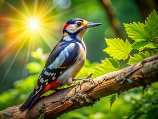 Fototapeta premium Great Spotted Woodpecker on Branch - Aerial View - Wildlife Photography