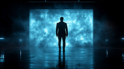 Fototapeta premium A back view silhouette of a man in a space concept background, highlighting the universe, astronomy, and the night sky, with abstract and minimalistic elements, bright tones, and a blurred cosmic atmo