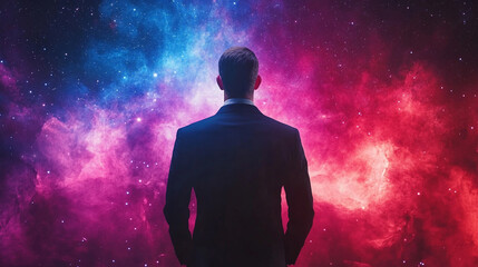 A back view silhouette of a man in a space concept background, highlighting the universe, astronomy, and the night sky, with abstract and minimalistic elements, bright tones, and a blurred cosmic atmo