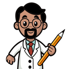 Cute illustration male with beard in white costume holding pencil