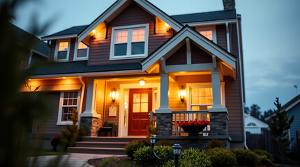 Obraz premium Illuminated Suburban House at Dusk: A Captivating View of Residential Architecture
