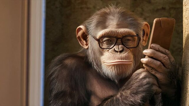 A chimpanzee wearing glasses examines a smartphone with curiosity, set against a warm and inviting backdrop that suggests a thoughtful moment of interaction with technology.