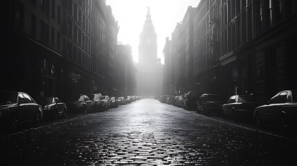 Foggy city street, urban architecture, sunrise, parked cars, design