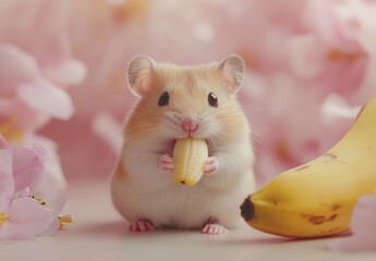 Adorable Hamster Enjoying a Slice of Banana Surrounded by Soft Pink Flowers in a Delightful and Whimsical Setting Perfect for Animal Lovers