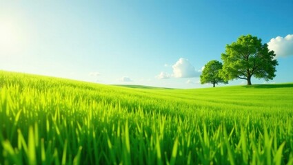 Serene Meadow Landscape Two Majestic Trees Under a Summer Sky, Rolling Green Hills Basking in Sunlight