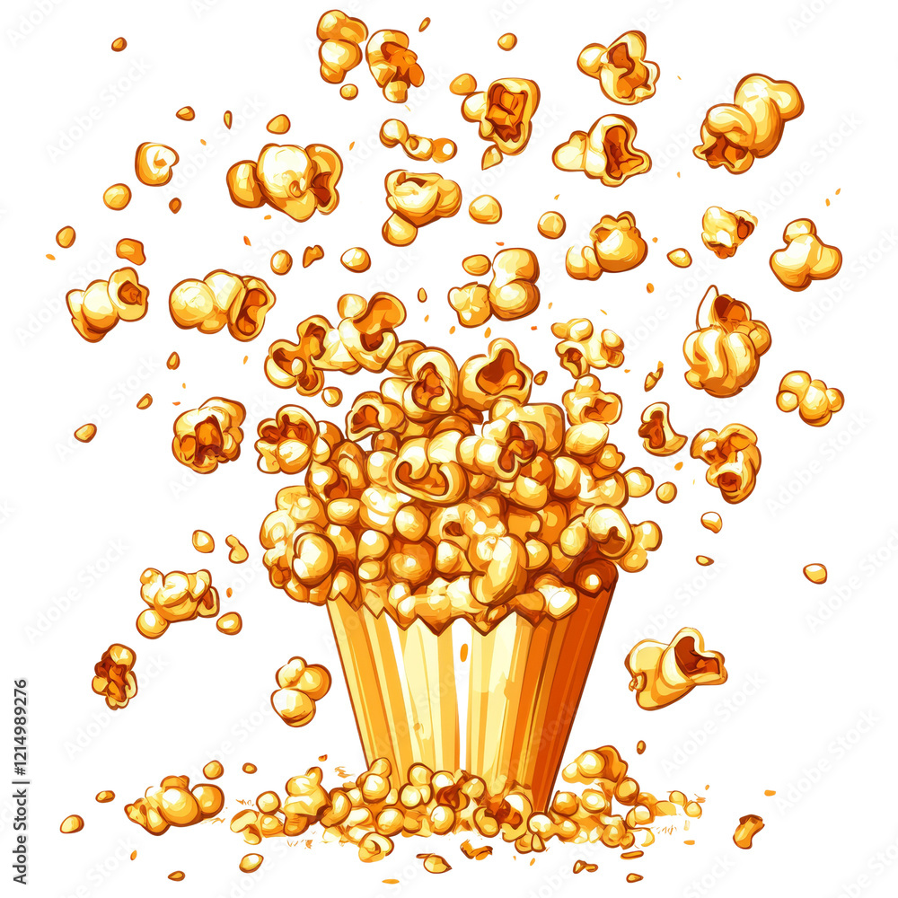 Poster an illustration depicts a carton of golden popcorn with pieces exploding and scattering around it.