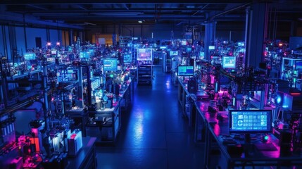 Fototapeta premium Modern factory operating at night with advanced robotic arms working on production line, screens displaying data, and illuminated by neon lights, creating a futuristic industrial scene