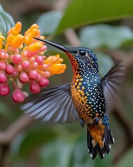 Colorful hummingbird feeding on vibrant flowers.