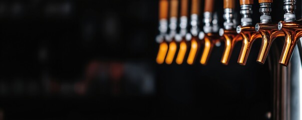 Closeup view of many beer taps in a bar. Copper taps are arranged neatly on a dark counter. Indoor shot. High-quality equipment. Great selection of drinks available.