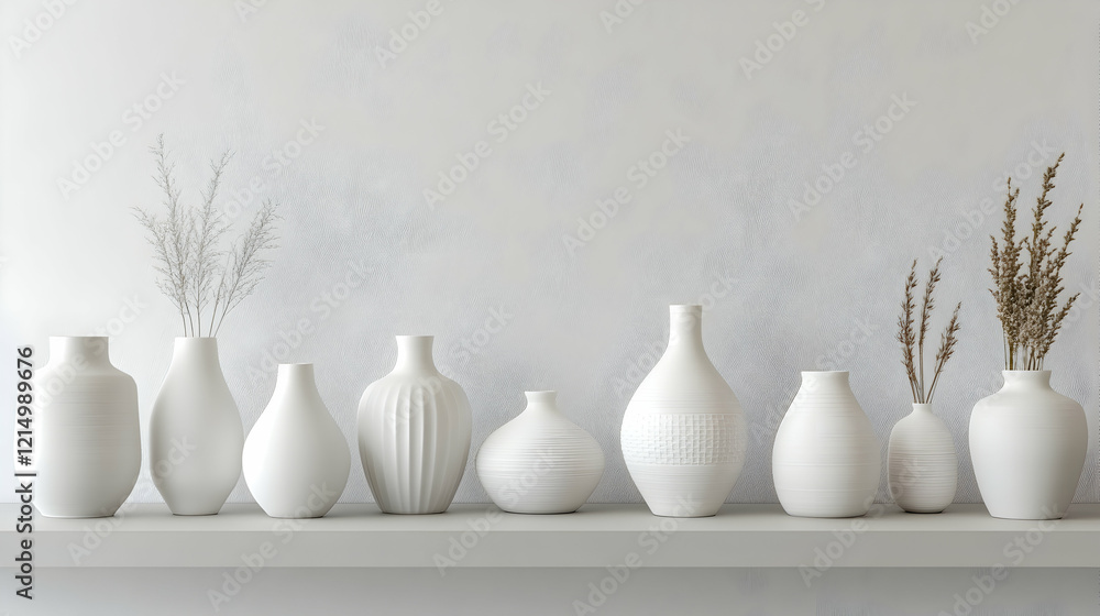 Poster a clean modern shelf displaying an assortment of white vases with subtle textures and varying shapes
