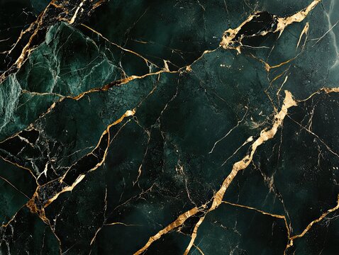 Abstract emerald green and gold marble background with intricate veining