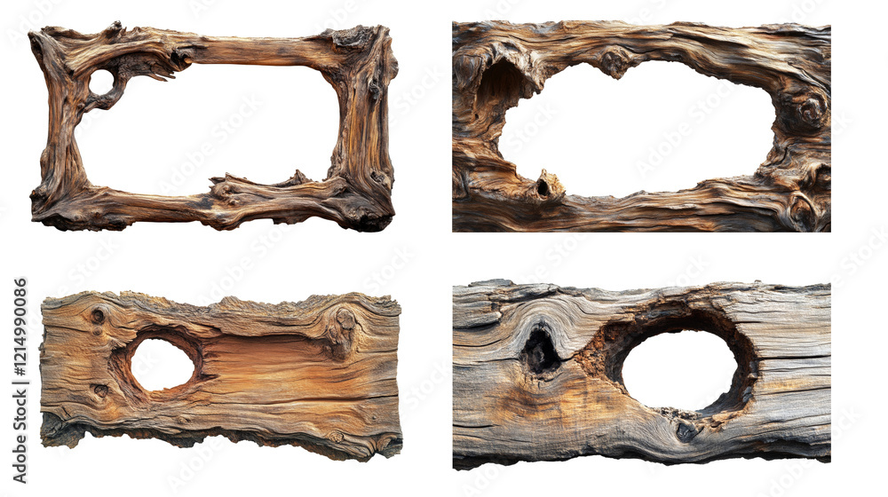 Aufkleber four rustic wooden frames with natural holes showcase unique textures and shapes ideal for design el