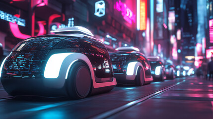 A line of futuristic, self-driving vehicles gliding down a neon-lit city street, their sleek designs reflecting the bright lights 