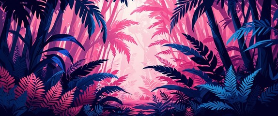 Vivid jungle filled with fernlike leaves and soft pink sunlight gently illuminating the forest floor illustration background design