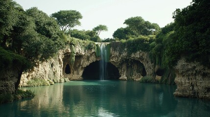 Serene Waterfall Cascading Into Calm Lake Surrounded by Lush Greenery and Majestic Rock Formations in Nature Paradise