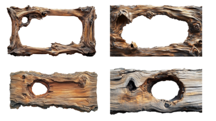 Four rustic wooden frames with natural holes showcase unique textures and shapes ideal for design elements.