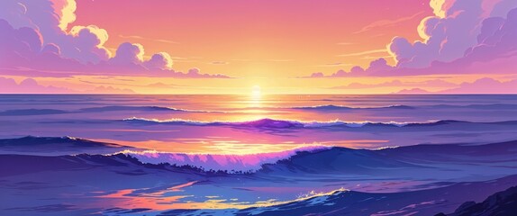 Fototapeta premium Warm golden light gradually fading into a cool blue and purple ocean horizon with faint pink accents in the sky illustration background design