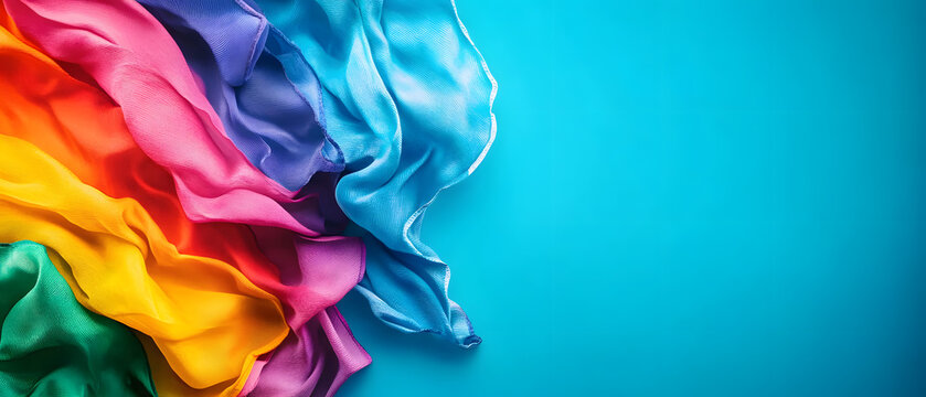 LGBT Pride rainbow flag over blue background with empty space for text. Diversity, love, freedom and LGBT concept.