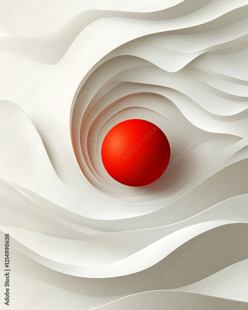 Poster minimalistic abstract design with a red sphere and white flowing textures
