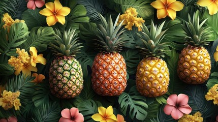 Fototapeta premium Tropical pineapples banner, vibrant flowers, leaves, website design
