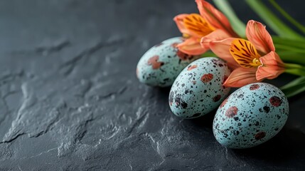 Obraz premium Pastel Blue Easter Eggs and Orange Alstroemeria Flowers on Dark Textured Background