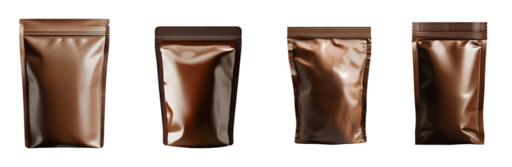 The image shows four different sized brown stand-up pouches against a black background, ideal for product packaging mockups.