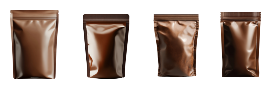 The image shows four different sized brown stand-up pouches against a black background, ideal for product packaging mockups.