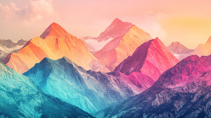 Fototapeta premium Colorful mountain range at sunset with vibrant hues blending in the sky and peaks