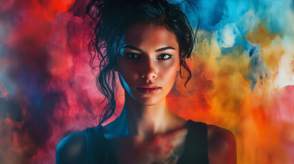 Model poses against colorful background with dramatic lighting and artistic flair