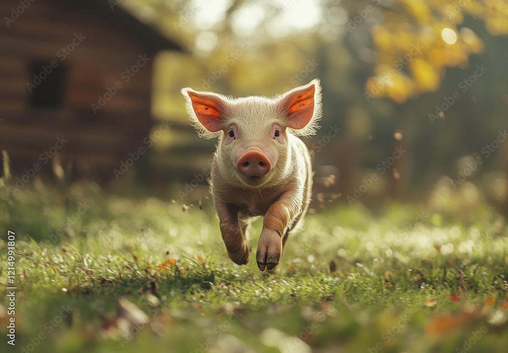 Poster adorable piglet joyfully running through lush green grass under warm sunlight in natural rural setti