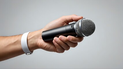 Close-up of a hand holding a professional microphone, ready for a speech, interview, or podcast recording.