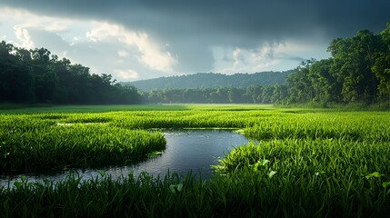 Obraz premium Serene Wetland Landscape with Lush Green Grass and Dramatic Sky