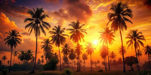 Obraz premium Grunge Tropical Sunset: Palm Trees Silhouette Against African Sky