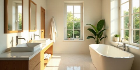 Sunlit Bathroom with Modern Freestanding Tub and Double Vanities