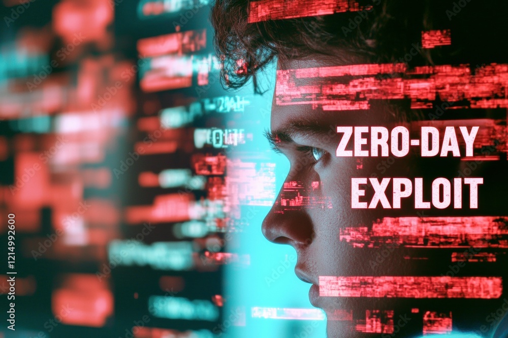 Poster focused young male analyzing digital data with 'zero-day exploit' text overlay.