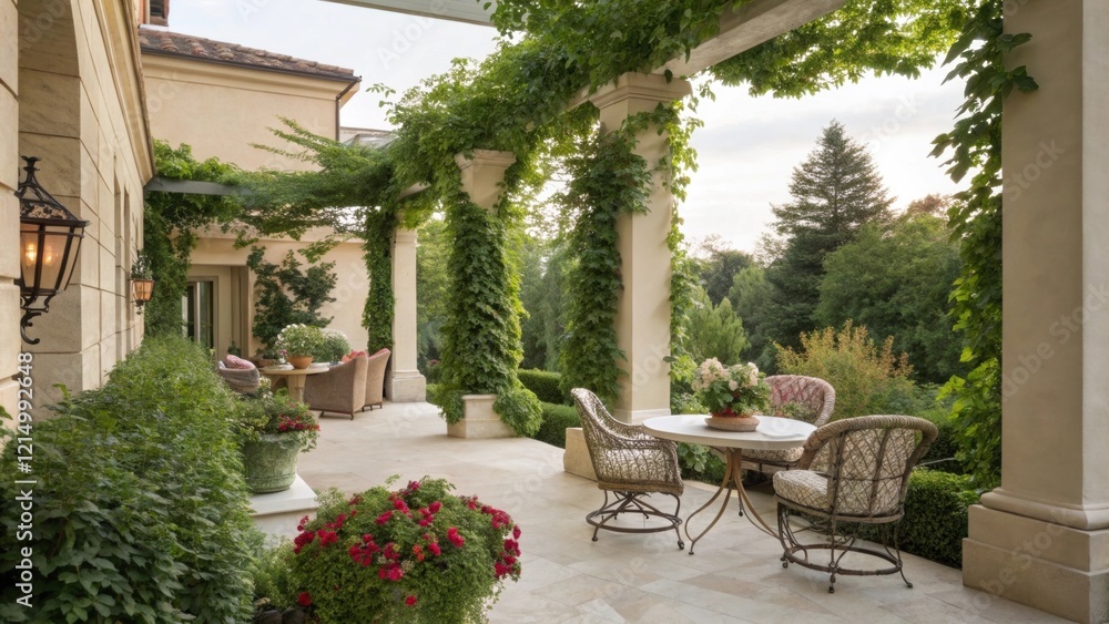 Poster a delightful outdoor escape is framed by climbing vines cascading from the planters adding depth and