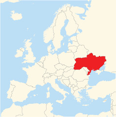Location Map of the country Ukraine in Europe. The country is highlighted with a red polygon. No labels at all.