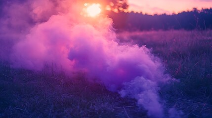 Purple Smoke Billows Across Grassy Field at Sunset